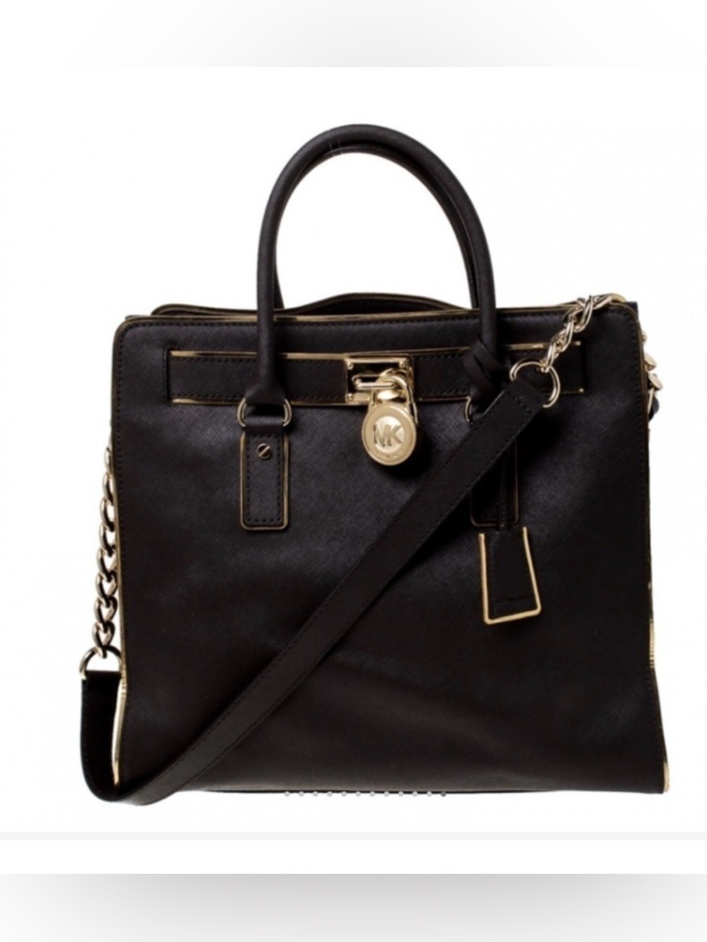 Michael Kors Black Leather Hamilton satchel Handbag with chain strap